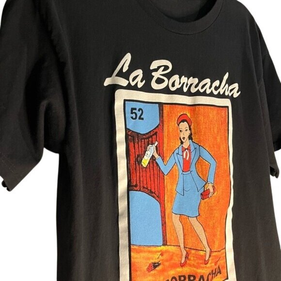 La Borracha 52 Mexican Card Loteria Drunk Woman Black T-Shirt Drinking Lady Beer - Picture 6 of 10
